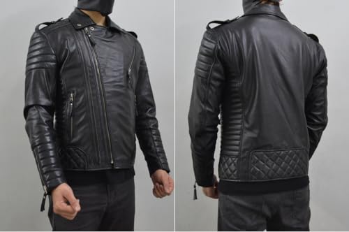 Image of Mens Leather Jacket - Biker Leather Jacket For Men - Lightweight Slim Mens Leather Motorcycle Jackets Black Real Lambskin
