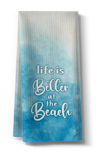 Hcaredee Kitchen Towels for Women- Funny Joked Life is Better At The Beach Saying Microfiber Bar Tea Towel, for Mom Friends Hostess New Home on Birthday Christmas-Blue 16" x 24"