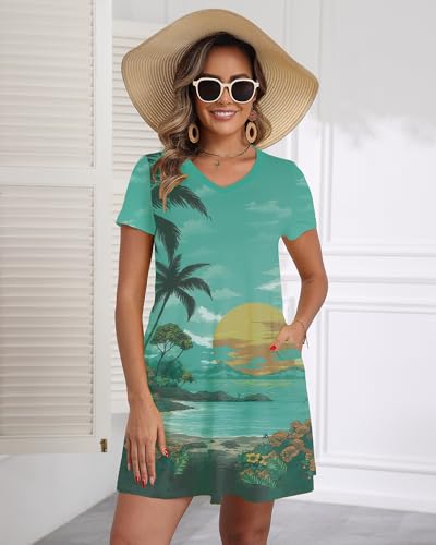 Image of COSSEN Women's Casual T Shirt Dress V-Neck Short Sleeves Swing Dresses Birthday Party Summer Travel Beach with Pocket