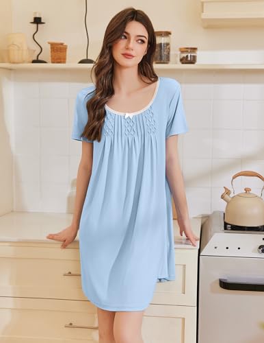 Image of Ekouaer Nightgowns for Women Pleated Sleep Shirts Short Sleeve Night Shirts Lace Trim Night Gown Ladies Sleep Dress