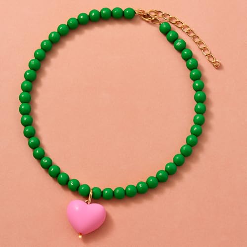 Heart Necklaces For Women, Green Beaded Pink Heart Pendant Choker Necklace Summer Y2K Cute Statement Trendy Dainty Non Tarnish Waterproof Jewelry Gift2