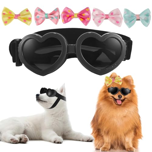 Dog Goggles with Heart Lenses and Adjustable Strap, Includes 5 Bow Clips for Pets