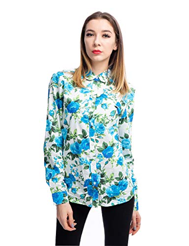 Erztiay Women's Blouses Casual Long Sleeve Work Button Down Dress Hawaiian Shirts Tops(White Blue Penoy, Large) #TOP2