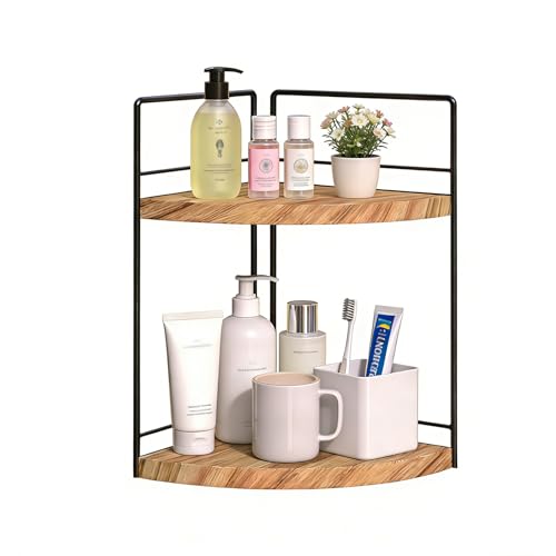 Image of 2 Tier Bathroom Counter Organizer,Bathroom Countertop Organizer, Wood Vanity Organizer Corner Shelf,Makeup Tray for Perfume Skincare Bedroom Kitchen Corner (2 Tier,Yellow)