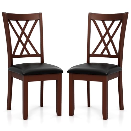 Image of COSTWAY Wooden Dining Chairs Set of 2 with PU Leather Padded Seat, Walnut | Farmhouse Armless Kitchen Side Chair with Rubber Wood Frame & High Back for Dining Room, Living Room and Restaurant