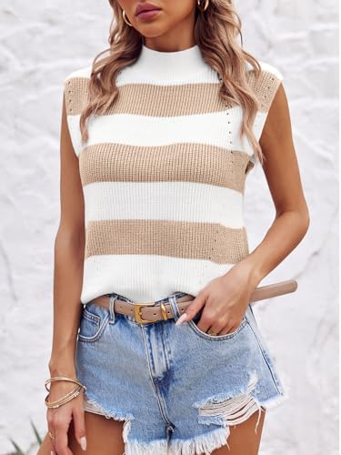 Image of Saodimallsu Womens Striped Sweater Vest Sleeveless Mock Neck Cap Sleeve Ribbed Knit Summer Crop Tops