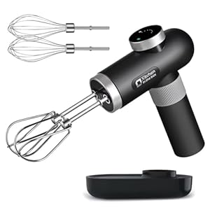 Cordless Hand Mixer, Kitchen in the box 6 Speed Dial Control Portable Electric Handheld Mixer with Beaters, Whisks, Charging Base and USB-C Charge Cable, Digital Display, for Butter, Cream (Black)
