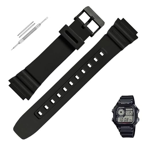 18mm Resin Watch Strap (Black) Compatible With CASIO AE-1200WH, AE-1300WH, F-108WH, W216H with Tools and Pins (Include)