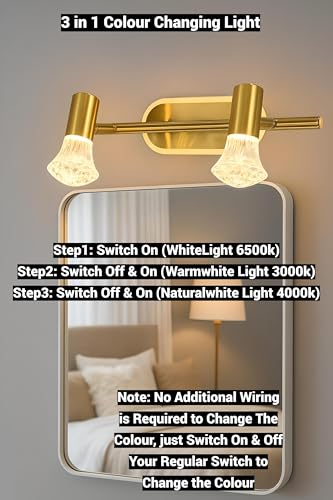 Image of FILLISKA 3 in 1 Double Wall spot /Picture /Display /Mirror Light with Adjustable Head and Colour Changing Function (Classic Gold Crystal-6482)(1 Year Warranty)