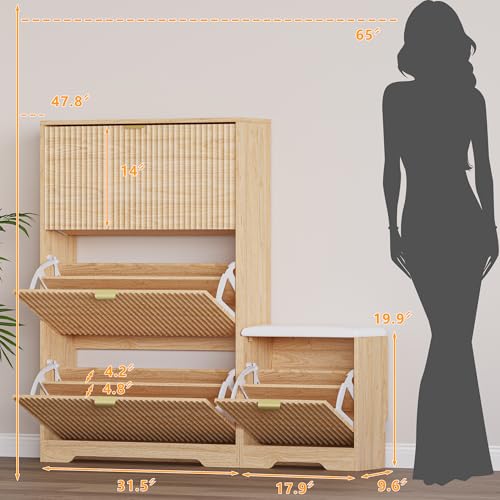 Image of BORNOON Slim Shoe Cabinet with Bench for Entryway, Hidden Storage and Adjustable Shelves, Free Standing Wooden Shoes Organizer for Hallway, Foyer