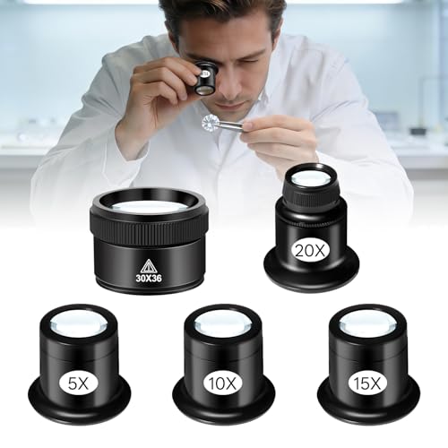 5 Pcs Jewelers Loupe Set, Portable Eye Magnifier with 5X 10X 15X 20X 30X36mm Glass Lens, Mini Monocular Magnifying Glass for Jewelry Inspection, Watch Repair Tools, Circuit Inspection, Coins
