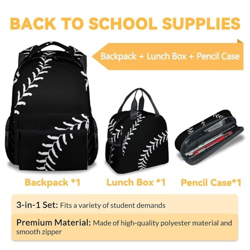 Baseball Backpack with Lunch Box and Pencil Case Set, 3 in 1 Matching Boys Black Backpacks Combo, Cool Bookbag and Pencil Case Bundle3
