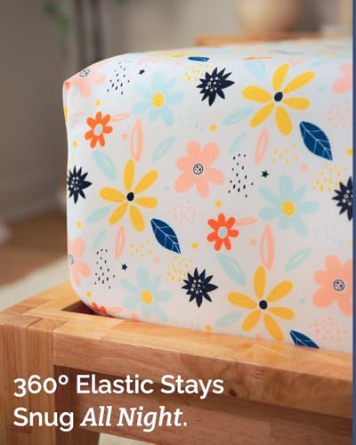 Image of King 4 Piece Floral Sheet Set - Soft, Breathable & Cooling - Daisy Art | 1 Flat, 1 Fitted & 2 Pillowcases w / Deep Pockets, Boho Botanical Floral Bedding, Breathable & Cooling, Wrinkle & Fade Free