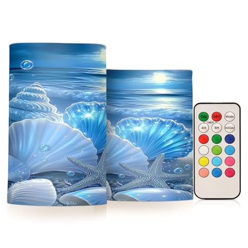 Image of Glowing Blue Sea Conch Shells Star Flickering Flameless Candles LED Battery Operated with Remote Timer Pillar Candles for Home Birthday Wedding Christmas Decor, Set of 2
