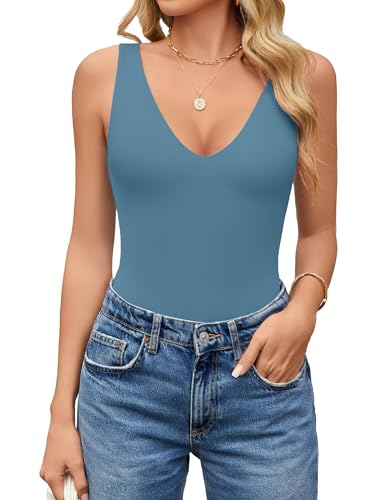 Avidlove Women Bodysuits Sleeveless Tank Top Deep V Bodysuit Thong Body Suit Going Out Double Lined (Dark Blue, S)