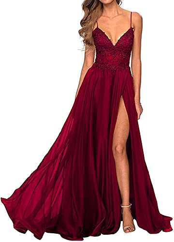 Lace Prom Dresses Long Spaghetti Straps Formal Party Evening Prom Gowns with Slit