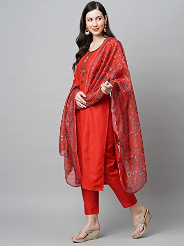 Image of GoSriKi Women's Cotton Blend Straight Printed Kurta with Pant & Dupatta (Authentic-GS)