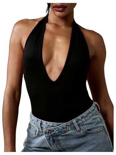 Milumia Womens Deep V Neck Halter Bodysuit Sleeveless Open Back Going Out Party Leotard Black X-Small