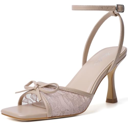 Image of Mostrin Chunky Heels for Women Round Open Toe Strappy Heeled Sandals Ankle Strap Dressy Block Low Heels for Party Wedding Prom Daily