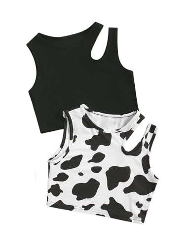 Milumia Girl 2 Pack Tank Tops Cow Print Cut Out Round Neck Sleeveless Crop Tops