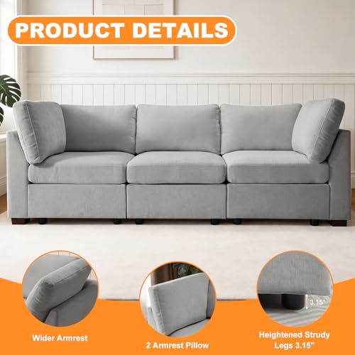 Image of TEKAMON 94 inch Modern Sofa Modular Sectional Couch, 3-Seat Chenille Deep Seat Sofa for Living Room, Bedroom and Apartment, Light Grey