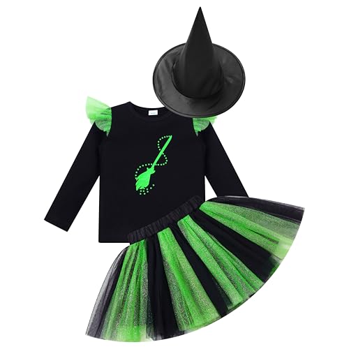 FYMNSI Toddler Baby Girls Princess Witch dress Broom Tiara Print Long Sleeve T-shirt Tutu Skirt and Magic Wand Hat 3PCS Kids Birthday Movie Fairy Tale Clothes Black, Green 3-4T