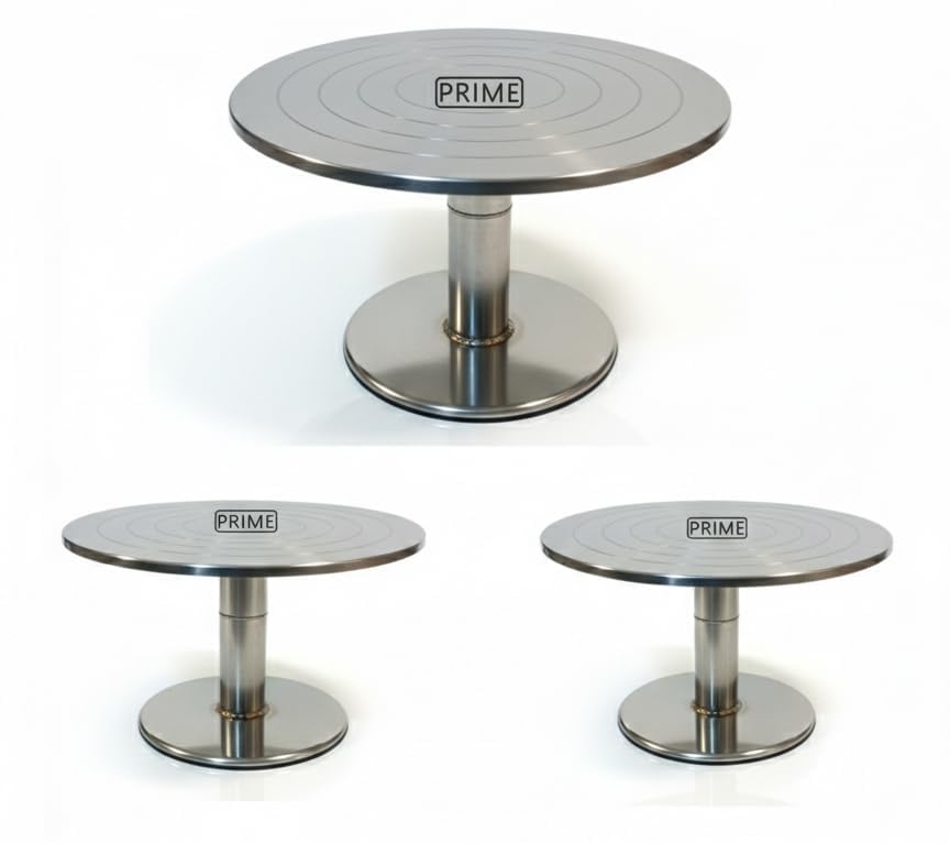 Image of Prime Bakers and Moulders Professional Bakeware Stainless Steel Cake Decorating Turntable, Round Display Stand with 360-Degree Rotating Base, Silver, Metal, Smooth Finish, Anti-Slip Base (10 Inch)