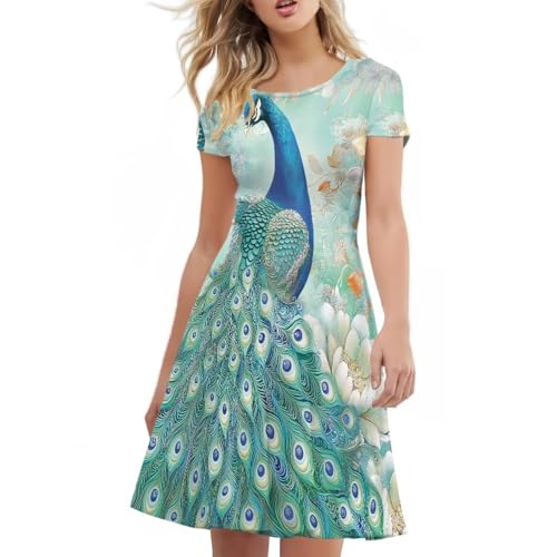 Image of HUGS IDEA Womens Puffy Swing Midi Dress Round Neck Short Sleeve Party A-Line Dresses