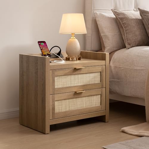 Image of SICOTAS Rattan Nightstand End Table - Night Stand Bedside Table with Type-C Charging Station, 2 Drawers Storage - Boho Night Stands for Bedroom - Natural Oak