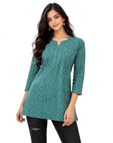 Image of Women Ikat Print Short Kurti Top,Cotton Blend Casual Ethnic Kurta for Women, Stylish Office Kurti Tunic,Lightweight Printed Short Kurti Kurti for V Nack Kurti