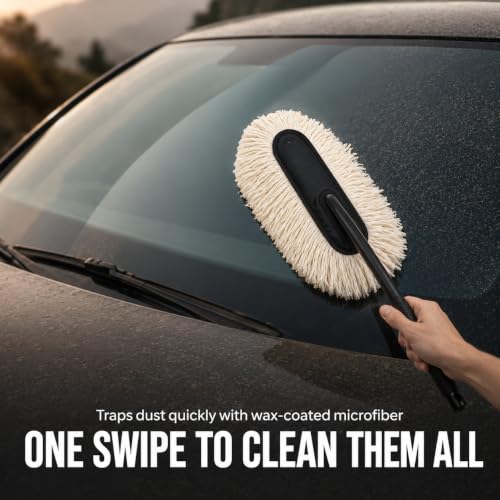 Image of AHYRA Car Duster with Long Handle Microfiber Car Cleaning Brush Wax Coated Lint Free Scratch Free Dust Remover for Car Exterior Interior Dashboard Windshield