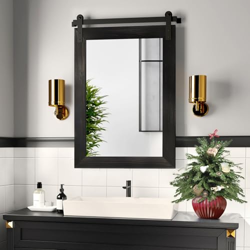 Image of COGOOD Bathroom Mirrors for Over Sink - 21 x 30 Farmhouse Barn Door Wall Mirror for Bathroom, Living Room, Entryway Wall Decor, Black