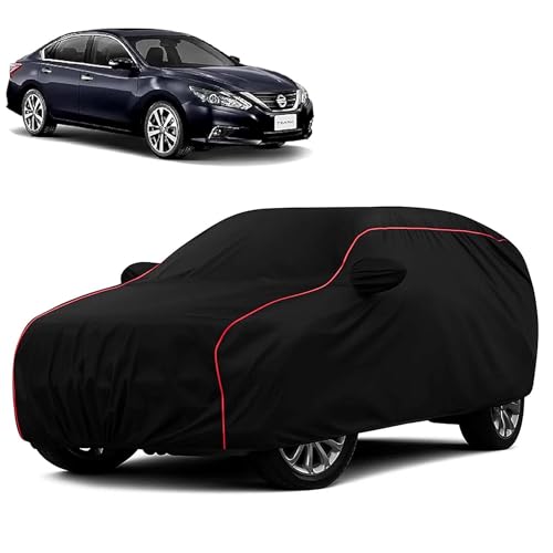 Sulfar 100% Water Resistant Car Body Cover Compatible with Mirror for Nissan Teana (Triple Stitched, Full Bottom Elastic, Black with Red Piping)