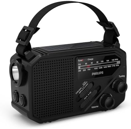 Philips TAR1659 Tragbares FM/AM Radio mit integriertem wiederaufladbarem Akku, AAA-Batterie & Kurbel-Notstrom, Solarenergie, eingebautem LED-Licht & Taschenlampe für Camping, Wandern & Stromausfälle