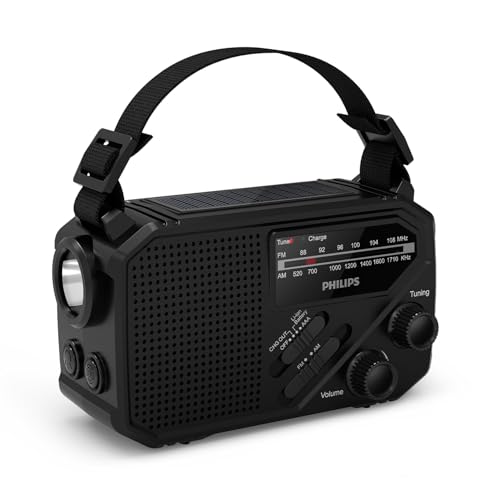Philips TAR1609 FM/AM-Kofferradio mit internem aufladbarem Akku, AAA-Batterie und Kurbel für Reservestrom, Solarzelle, integrierte LED-Leuchte und Taschenlampe zum Zelten, Wandern und bei Stromausfall