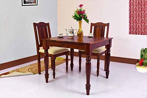 Image of Wooden Dining Table Set for 2 Seater | Table Size 35 x 35 x 29 Inches | Chair Size 18 x 18 x 39 Inches | Solid Wood Construction | Basic Assembly Required | Dining Room Furniture Set (Teak Finish)