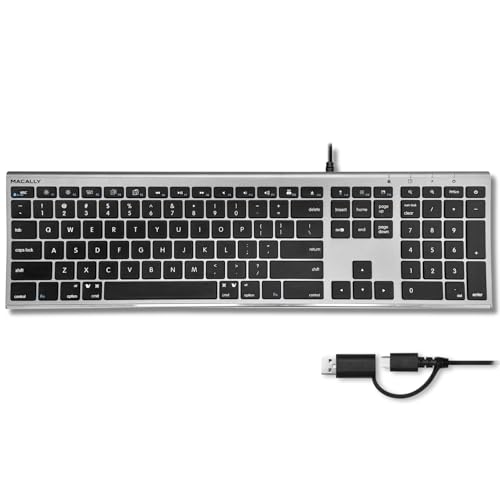 Macally USB C Keyboard (Upgraded) - Dual USB A + C Plug - Wired Keyboard for Mac - Ultra Slim, 20 Shortcuts, 110 Scissor Keys - for MacBook Pro/Air, Mac mini, iMac, iPad - Gray