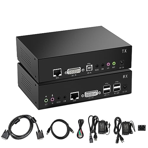 DVI USB KVM Extender 100m(328ft) Over Single Cat5e/Cat6 Cable, 1920x1200@60Hz EDID, Extends Video Audio USB, RS-232 Signals, Point to Point, Zero Latency, Incl.Transmitter and Receiver (New Version)