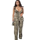 PORRCEY Sexy Jumpsuits for Women Vacation Lace Up Bandage 2 Piece Casual Wide Leg Cargo Pants Y2K Long Romper(K3296,Leopard,S)
