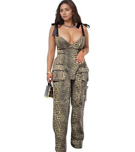 PORRCEY Sexy Jumpsuits for Women Vacation Lace Up Bandage 2 Piece Casual Wide Leg Cargo Pants Y2K Long Romper(K3296,Leopard,S)