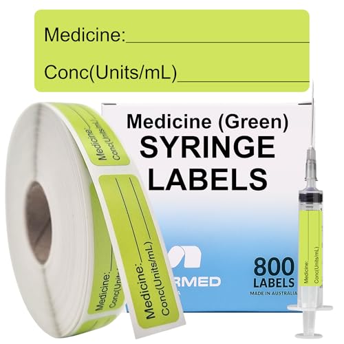 Image of Green Medicine Syringe Labels (Units /mL) - 800 Medication Labels Stickers, 12mm x 40mm, for Hospitals, Pharmacy & Vet