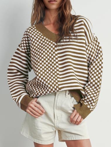 Image of UNCLECAT Womens Striped Checkered Sweater V Neck Fall Trendy Pullover Tops | Long Sleeve, Winter Clothes, Soft Jumpers, Business Casual Outfits, Cute, Fashion, Knitted Sweaters