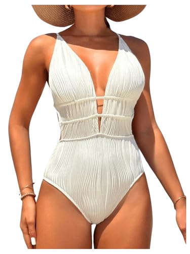 WDIRARA Women's Textured Deep V Neck One Piece Swimsuit Criss Cross Tie Backless Swimwear