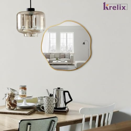 Image of 18 x 18 Inch Gold Irregular Wall Mirror - Modern Asymmetrical Design with Plastic Frame, Decorative Wall Mirror for Living Room, Bathroom, Bedroom & Entryway (Gold, Round)