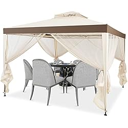 Giantex Cenador con Techo Gazebo Pabellón Exterior 3 x 3 m, con Estructura de Acero y 4 Cortinas Laterales, Ventilación y Anti-Mosquitos, para Terrazas, Céspedes, Balcones (Beige)