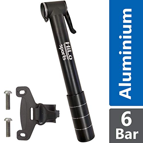 HiLo sports Aluminium Minipumpe Fahrrad alle Ventile - 6 Bar / 90 Psi Rahmenpumpe - Mini Fahrradpumpe mit Rahmenhalterung - Miniluftpumpe - Radpumpe klein (schwarz)