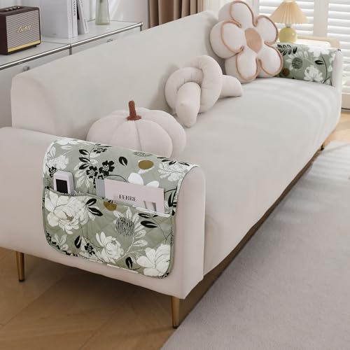 Image of HOKIPO 'Elira Series' Digitally Printed Water Repellent + Waterproof Sofa Armrest Cover with Pockets (2Pcs) - Feather Brown Floral (AR-5251-C1*2)