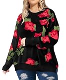 RITERA Plus Size Sweaters for Women Long Sleeve Rose Flower Print Tops Crewneck Side Split Sweatshirts Black Casual Basic Loose Fit Knit Shirts 2025 2XL 18W 20W