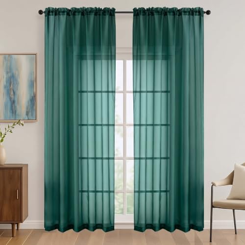 Image of Hunter Green Bedroom Curtains 2 Panel Sets 90 Inch Length, 59 Inch Extra Wide Light Filtering Light Weight Soft Window Treatment Panels for Study Room Living Room Guest Room, 59Wx90L Inches