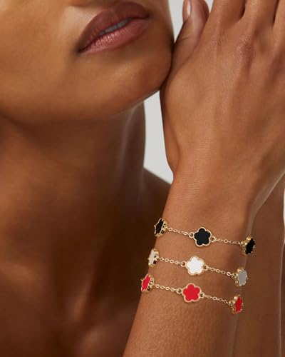 Clover Bracelets for Women Set of 3 18K Gold Plated Adjustable Four Leaf Lucky Charms Bracelets in White Black Red Trendy Jewelry Gift for Women2